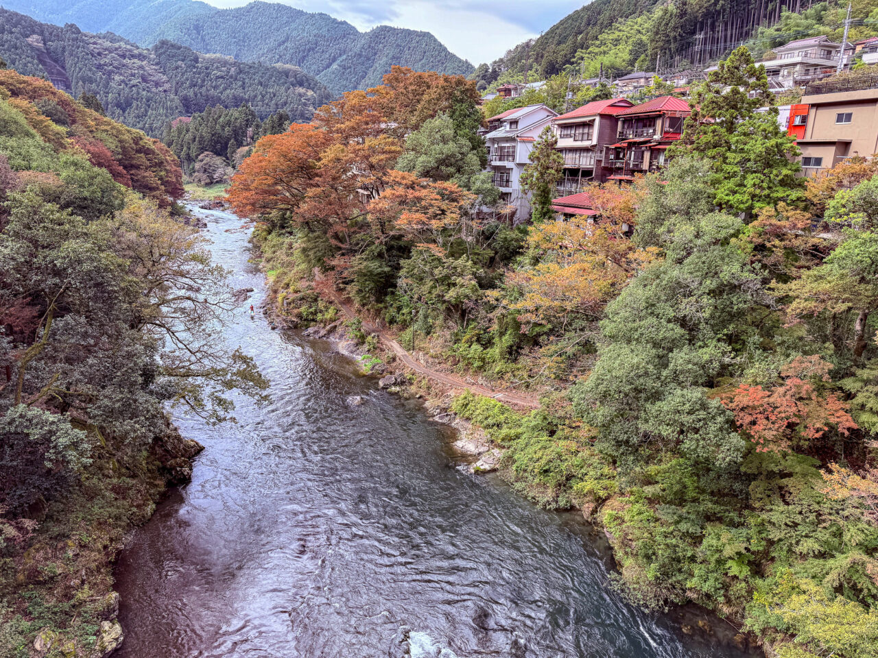 御岳渓谷を流れる多摩川と対岸の山々および建物